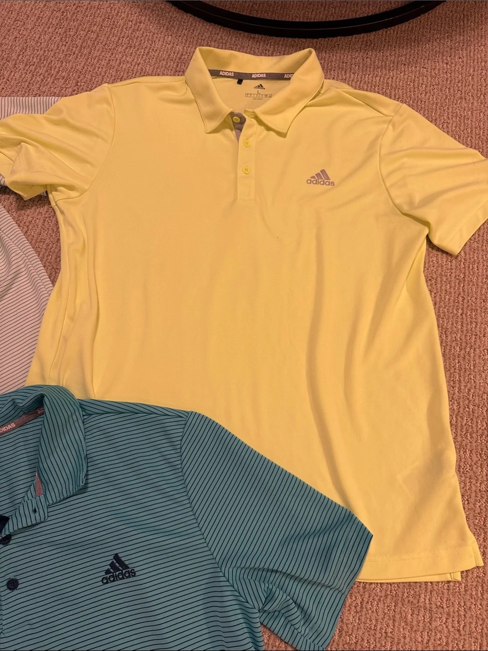 Men’s lot of 3 Adidas Polo shirts green blue yellow Sz Large silky nice!